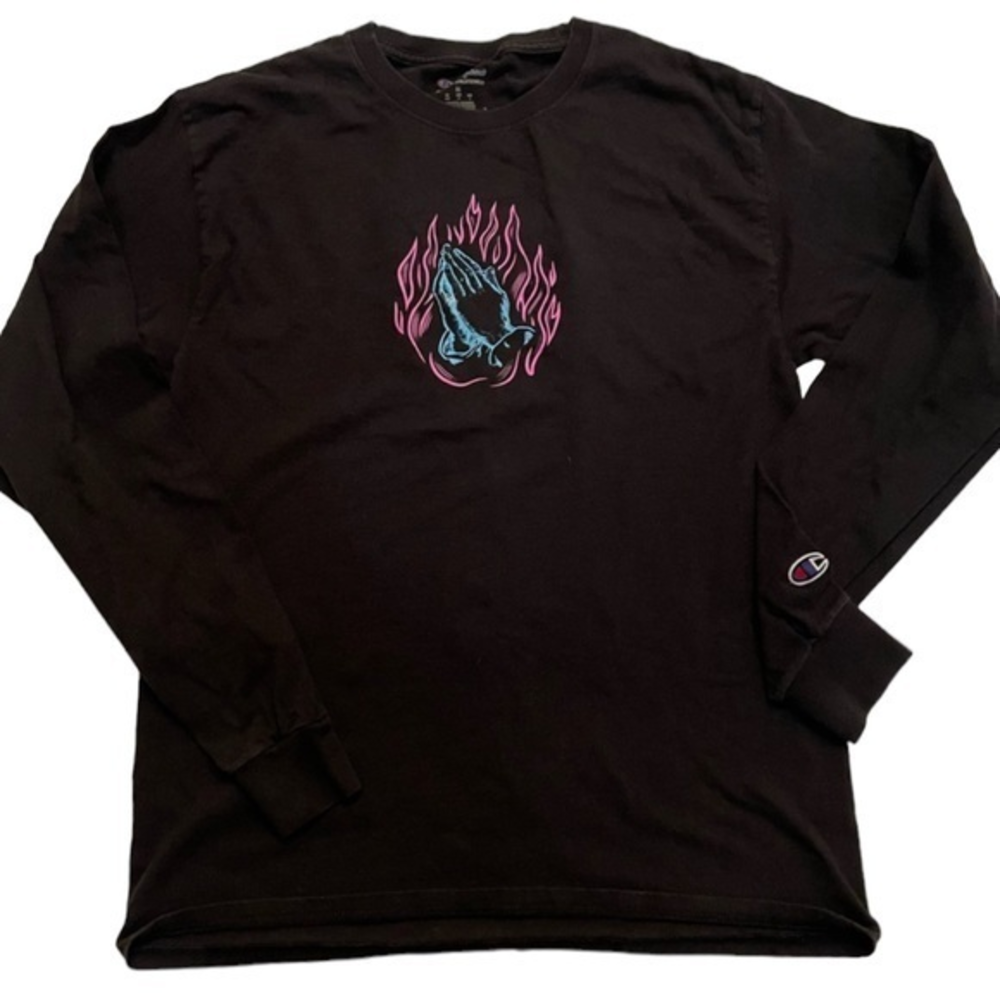 Champion Mens Dangerous Prayers Graphic Long Sleeve Shirt Black Medium